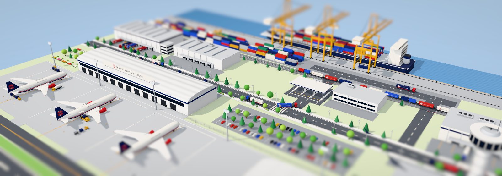 Shah'z Aviation trucks, train and freighter at the cargo hub (3D illustration)